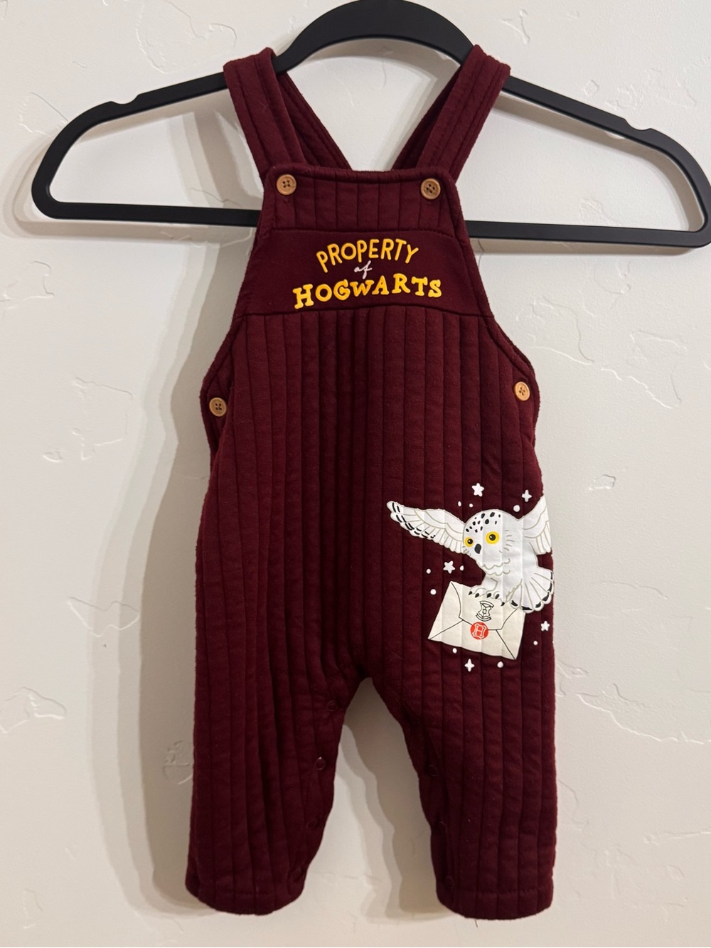 Warner Bros. Quilted Overalls Harry Potter Property of Hogwarts Burgundy 12 Mo